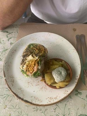 Shawarma wrap with potatoes and Ali-Oli at La Libelula Vegan Cafe in Fuengirola