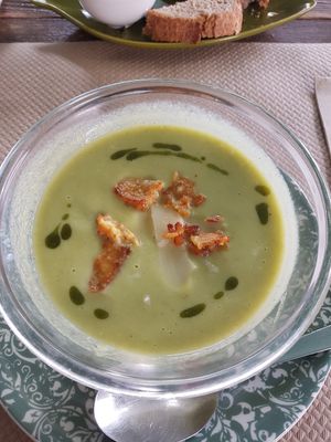 Pea soup with "parmesan" at La Libelula Vegan Cafe in Fuengirola