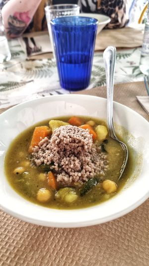 Couscous soup with potatoes at La Libelula Vegan Cafe in Fuengirola
