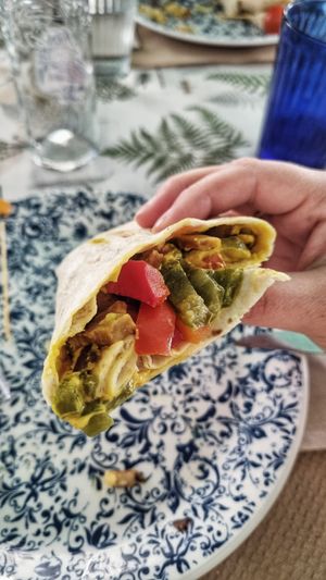 Burrito with seitan & curcuma (very good, quite cheesy) at La Libelula Vegan Cafe in Fuengirola