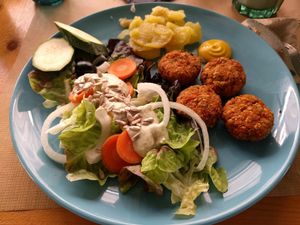 Vegan nuggets, potatoes and salad. at La Libelula Vegan Cafe in Fuengirola