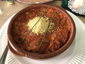 Soya mince mousakka (with nutritional yeast) at La Libelula Vegan Cafe in Fuengirola