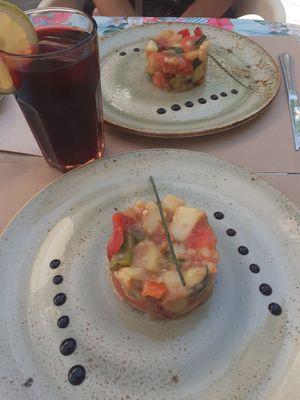Potato salad - menu of the day, w homemade ice tea (try this!) at La Libelula Vegan Cafe in Fuengirola