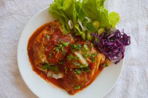 vegan cabbage rolls, with tofu, ,
 vegetables and rice, cooked in a tomato sauce at Harmony in Koh Phangan