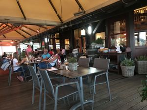 Indoor seating in a huge tent at Strandoase in Sylt