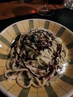 Scialatielli con fonduta di caciocavallo, cime di rapa e cioccolato at DuedipiccheVegan in Vasto