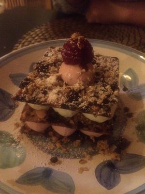 Dolce - Millefoglie al croccante e brownie vegan con chantilly ai frutti rossi e barbabietola, mousse al limone e crema inglese vegetale at DuedipiccheVegan in Vasto
