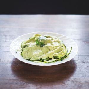 Raw zuchinni spaghettis with avocado sauce at A Cova Dos Ratos in Vigo