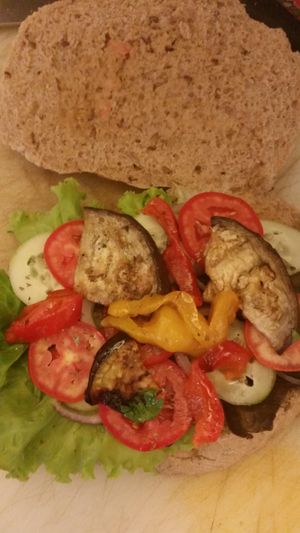 Vegan sandwich with local fresh organic vegetables and grilled vegetables  at Km0 Corniglia in Corniglia