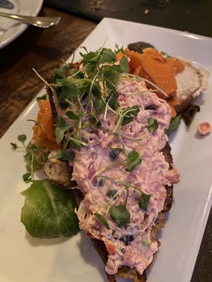 Fake salmon toast, tasted real so not my thing Too fishy but creative attempt  at Full Bloom in Miami Beach