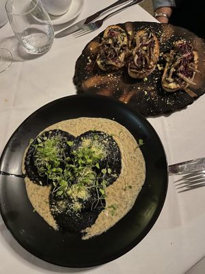 Dinner- wild mushroom bruschetta and charcoal ravioli  at Full Bloom in Miami Beach