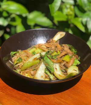 Chow Mein - Wild Mushrooms, Swiss Chard, Sweet Potato Noodles, Coconut Truffle Sauce & Togarashi Walnuts #LunchMenu #VeganMenu 
#glutenfree #soyfree at Full Bloom in Miami Beach