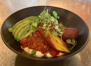 Picadillo - Ground Vegetables Protein Hash, Farro, Baked Plantain & Florida Avocado //

#Picadillo
#DinnerMenu
#MainCourse
#FullBloomVegan
#GourmetVeganCuisine
#KosherFood at Full Bloom in Miami Beach