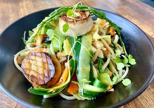 Our Frutti di Mare by @chef_rojas with love! 😊☀️🏝
Pan seared king scallops, palm calamari, sea beans, carrot salmon, zoodles, spaghetti & wine butter sauce. at Full Bloom in Miami Beach