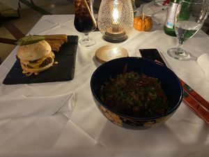 Japchae and Tailgate Burger  at Full Bloom in Miami Beach