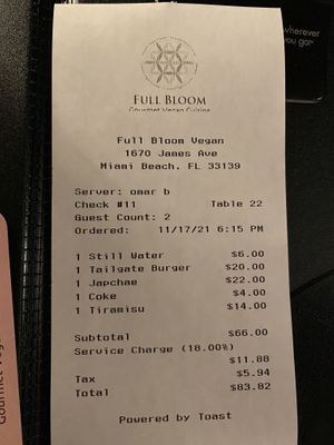 Our bill  at Full Bloom in Miami Beach