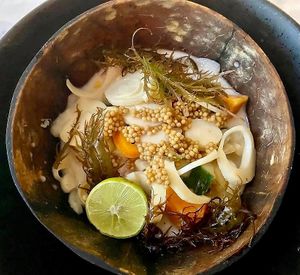 Palmito Ceviche - Heart of Palm, Cucumbers, Leche De Tigre, Yuyo Seaweed, Caviar, Onions, Peppers, Pickled Serranos & Pisco Sweet Potato
#NutFree #OilFree #SoyFree #GlutenFree at Full Bloom in Miami Beach