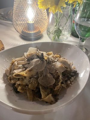Chef’s special: truffle pasta, morel mushrooms, and vegan parmesan    at Full Bloom in Miami Beach