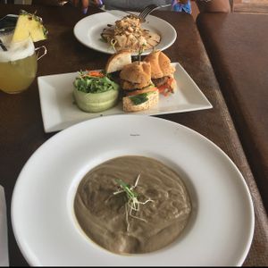 porcini soup/sliders/plantain in a peanut sauce at Full Bloom in Miami Beach