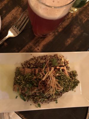 tempeh and quinoa topped w pesto at Full Bloom in Miami Beach