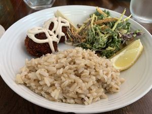 Beet Falafel with Rice and Kale salad at Full Bloom in Miami Beach