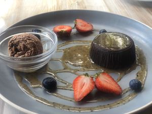 Chocolate Lava cake with chocolate gelato  at Full Bloom in Miami Beach