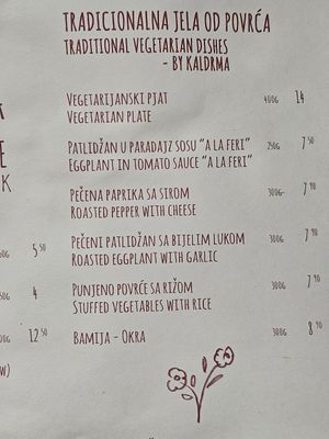 Vegetarian/vegan options of the menu at Kaldrma in Bar