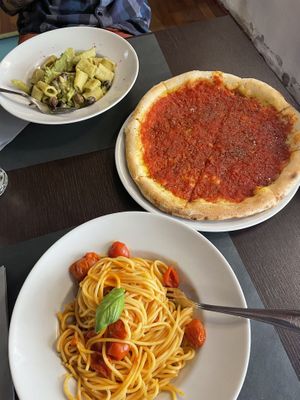Tomato pasta, broccoli pasta and pizza marinara  at Pasta and Social in Rome