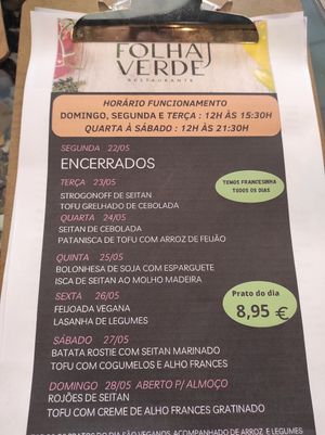 Menu at Folha Verde in Lisbon