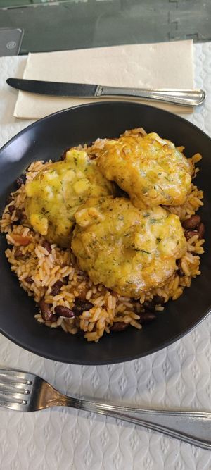 Tofu pataniscas with beans and rice at Folha Verde in Lisbon