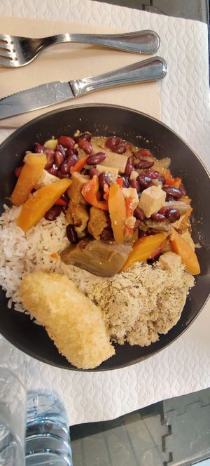 Vegan feijoada with seitan, tofu, beans, veggies nad rice at Folha Verde in Lisbon