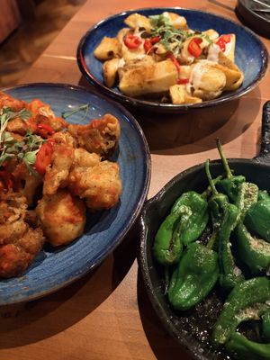 Cauliflower wings, Cajun chips and padron peppers    at 2 Taps Winebar in Belfast