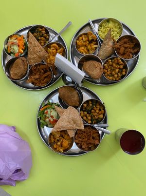 3 platters of chickpeas, plant protein, empanadas, salad, cauliflower, and more at Hare Krishna Buffete in Monterrey