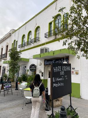 The pretty outside of the restaurant at Hare Krishna Buffete in Monterrey