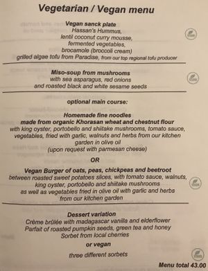 Vegetarian menu  at Stübers Restaurant in Bacharach