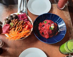 Falafel bowl and beetroot pasta. Red and green detox. at Mellow in Istanbul