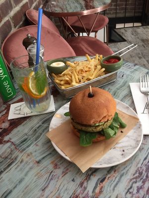 Veggie burger is on point.  The plastic straw.. not so much.  at Mellow in Istanbul