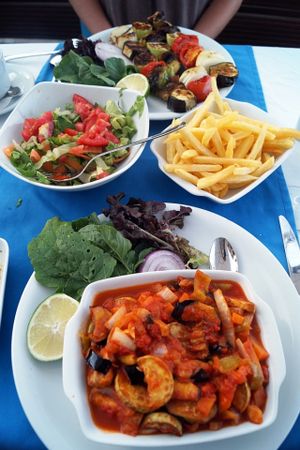 Musaka without cheese, skewers and fries.  at Sandal in Kyrenia