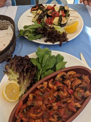 Mushroom stew and veggie skewers at Sandal in Kyrenia