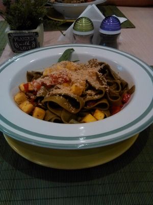 Spinach pasta with tofu. One of my favourites at BIOFresh in Timisoara