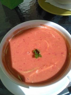 Raw tomato cream soup with zucchini noodles. Absolutely delicious, one of my favourites at BIOFresh in Timisoara
