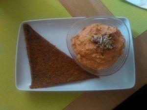raw vegan bread with Biofresh dip (made with sundried tomatoes, tofu, garbanzo beans) at BIOFresh in Timisoara