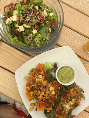 Stuffed sweet potatoes and Greek salad with tofu   at BIOFresh in Timisoara