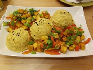 Polenta (specific romanian dish) with tofu and veggies. at BIOFresh in Timisoara