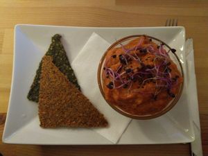 Raw bread with fig and pepper sauce at BIOFresh in Timisoara