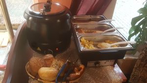 Warm part of the breakfast buffet at Ümis Cafe in Munich