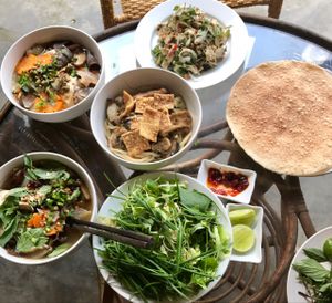 cao lau noodles, pho and shredded tofu and mint with rice cracker  at Karma Waters in Hoi An