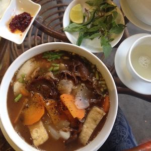 Pho (noodle soup) and ginger tea  at Karma Waters in Hoi An