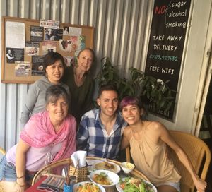 Great place for meeting friends and make new friends. Delicious and perfect location.  In the photo their is the chef in grey, my girl friend and two new vegan friends from Israel.   at Karma Waters in Hoi An