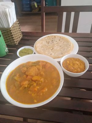 Vegetable curry served with 3 roties, daahl and mint chutney at Karma Waters in Hoi An